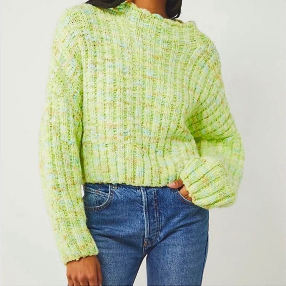 FREE PEOPLE Neon Green Confetti Oversized Ribbed Chunky Cropped Sweater